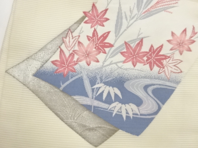  絽色紙に草葉・流水模様織出し名古屋帯